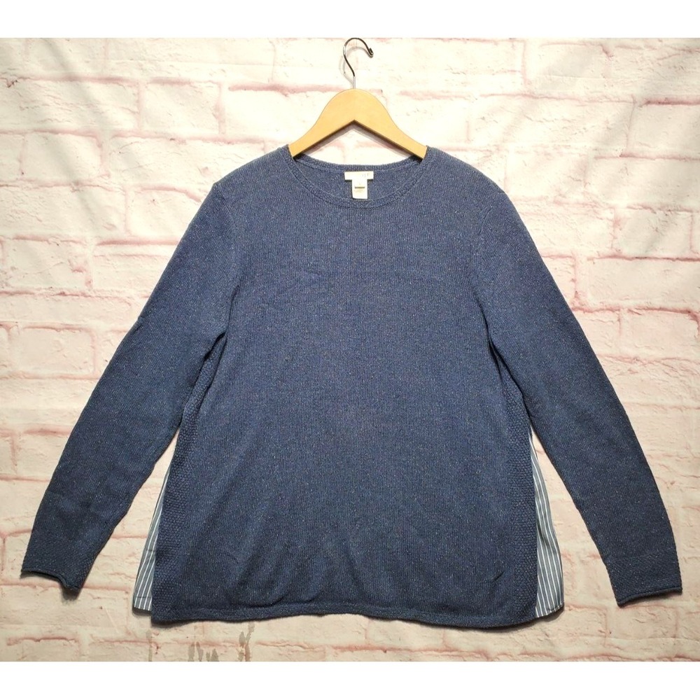 J Jill Sweater Womens Medium Blue Silk Blend Crewneck Side Slit Mixed Media Boho